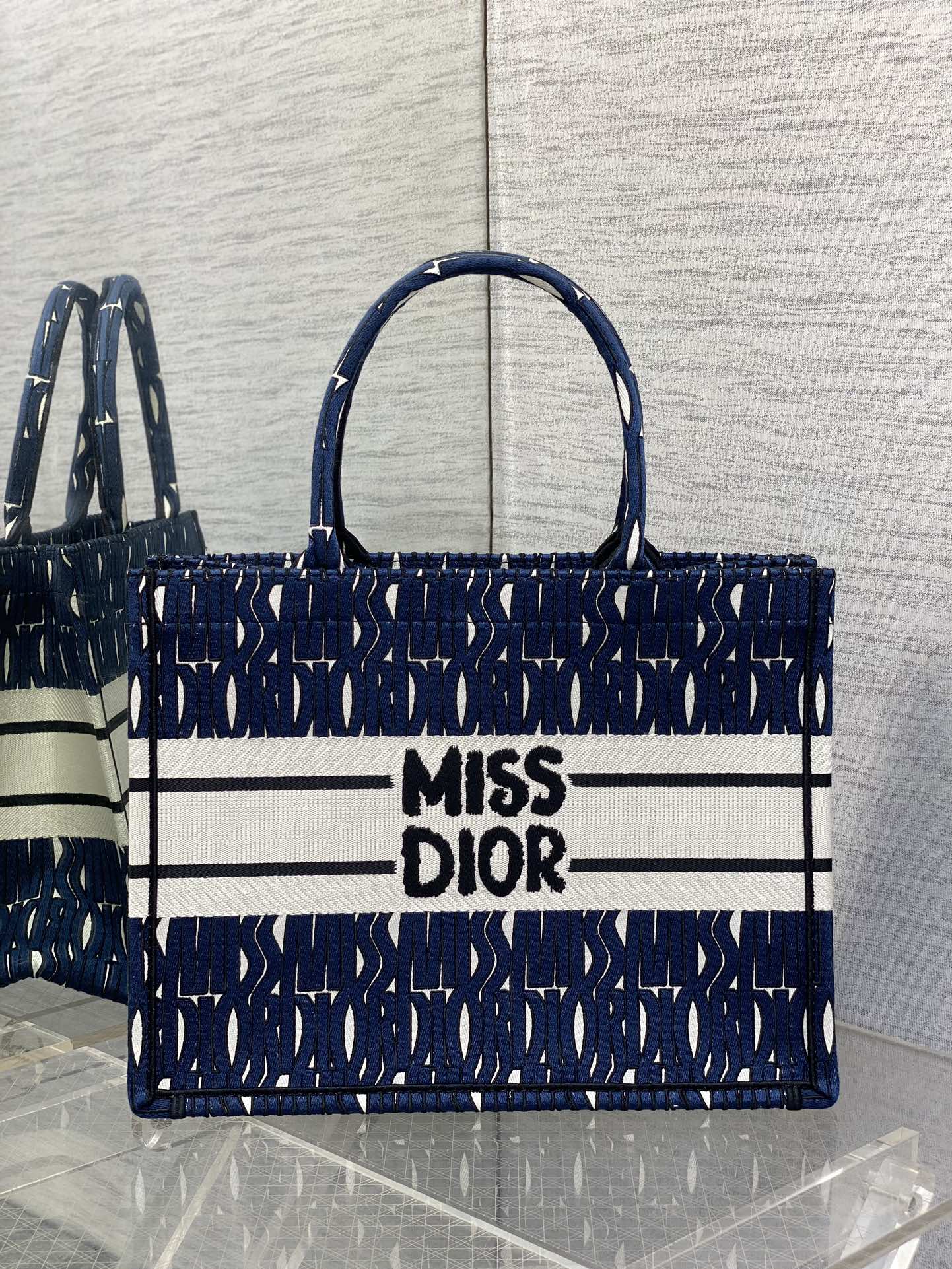 Medium Dior Book Tote Bag Blue and White Miss Dior Allover Embroidery